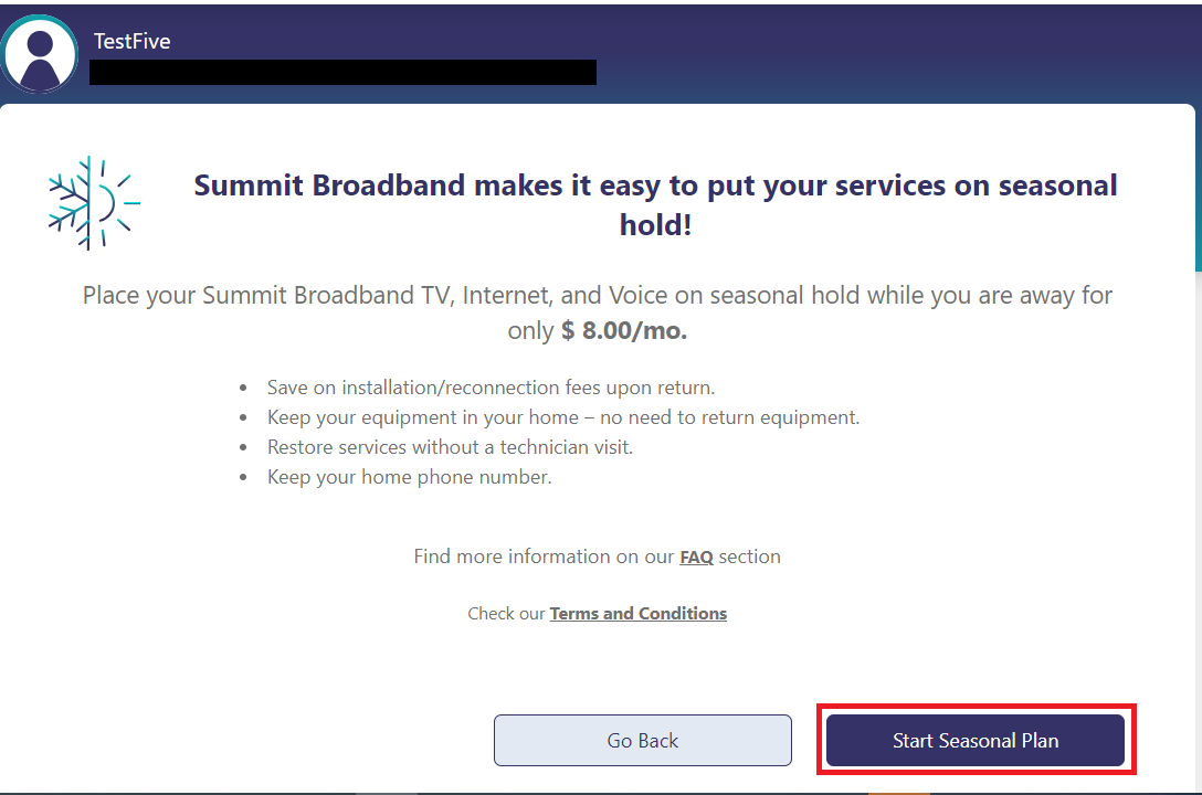 How can I place my account on the Seasonal Convenience Plan? Summit Broadband Customer Support